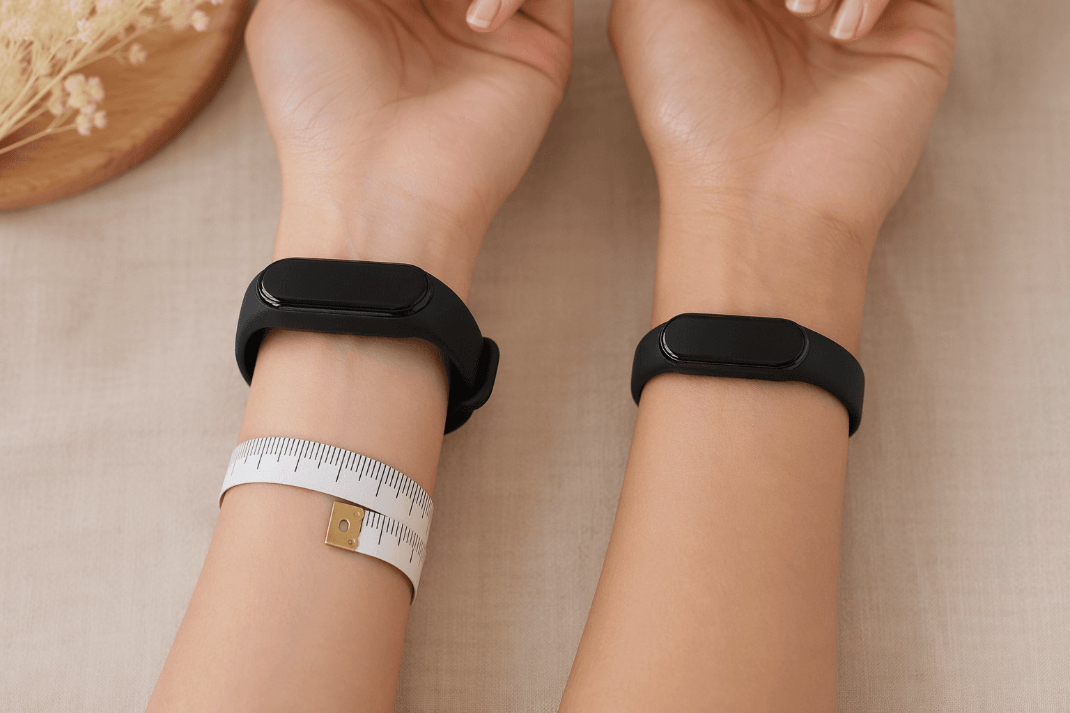 Side-by-side comparison of two petite wrists: on the left, a standard-sized fitness tracker band gapes away from the wrist and does not sit flush against the skin; on the right, a smaller properly-fitted band wraps snugly with no gap. A measuring tape is visible around one wrist.