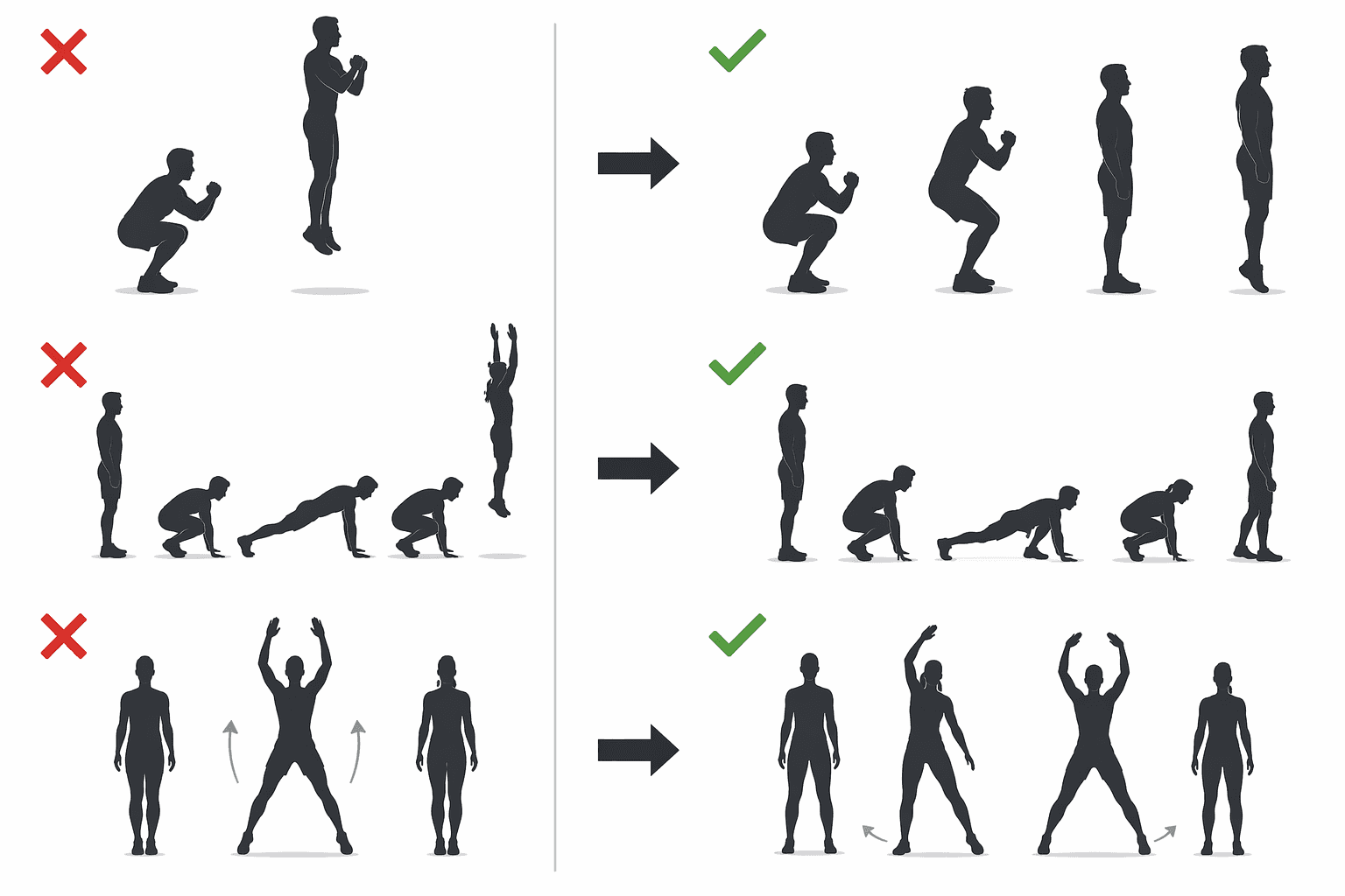 Comparison of jumping cardio moves swapped for no-jumping alternatives: squat jump to tempo squat with calf raise, burpee to step-back burpee, and jumping jack to step-out jack with overhead reach