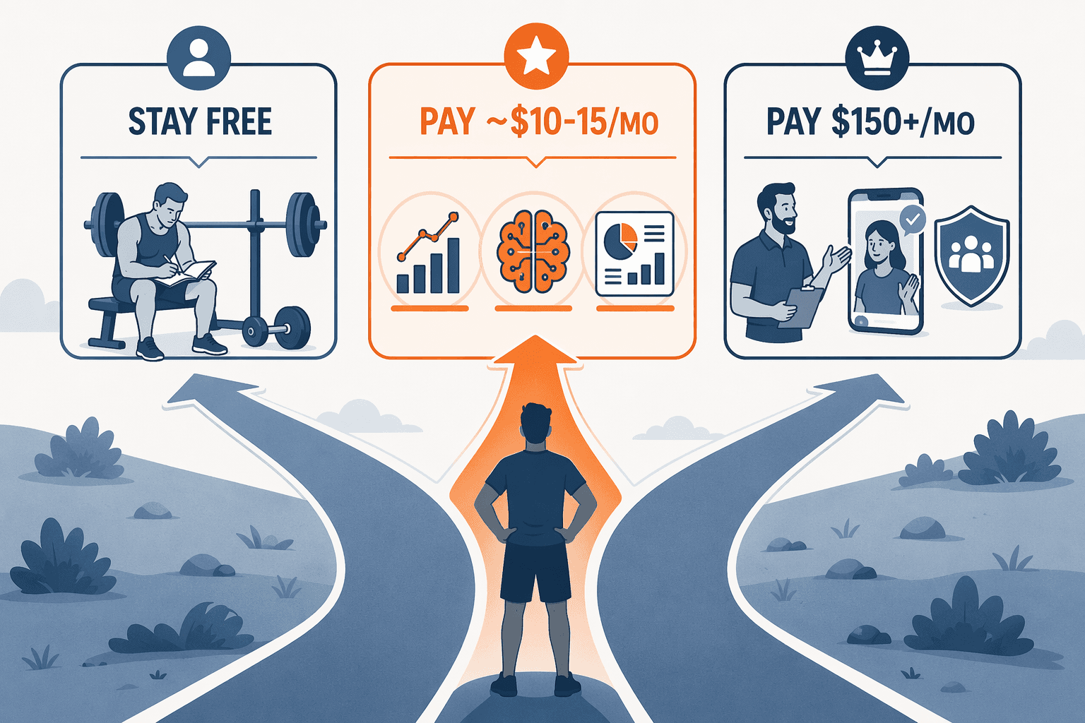 Flat illustration showing a three-lane decision path: Stay Free, Pay ~$10-15/mo highlighted in orange, and Pay $150+/mo, with a person silhouette facing the three paths.