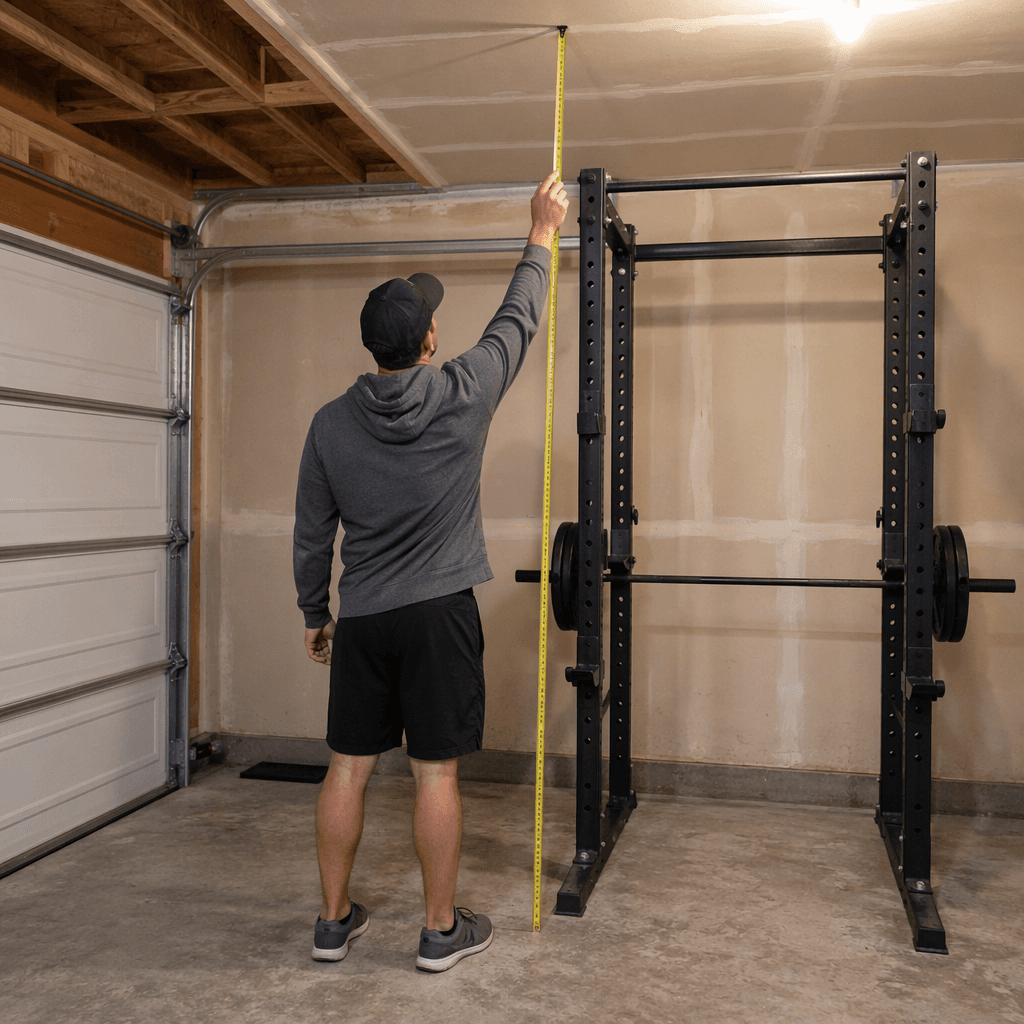 A person in a residential garage holding a yellow tape measure vertically from the concrete floor toward the ceiling, measuring the ceiling height next to a black metal squat rack. The garage has bare concrete flooring and an unfinished wall.