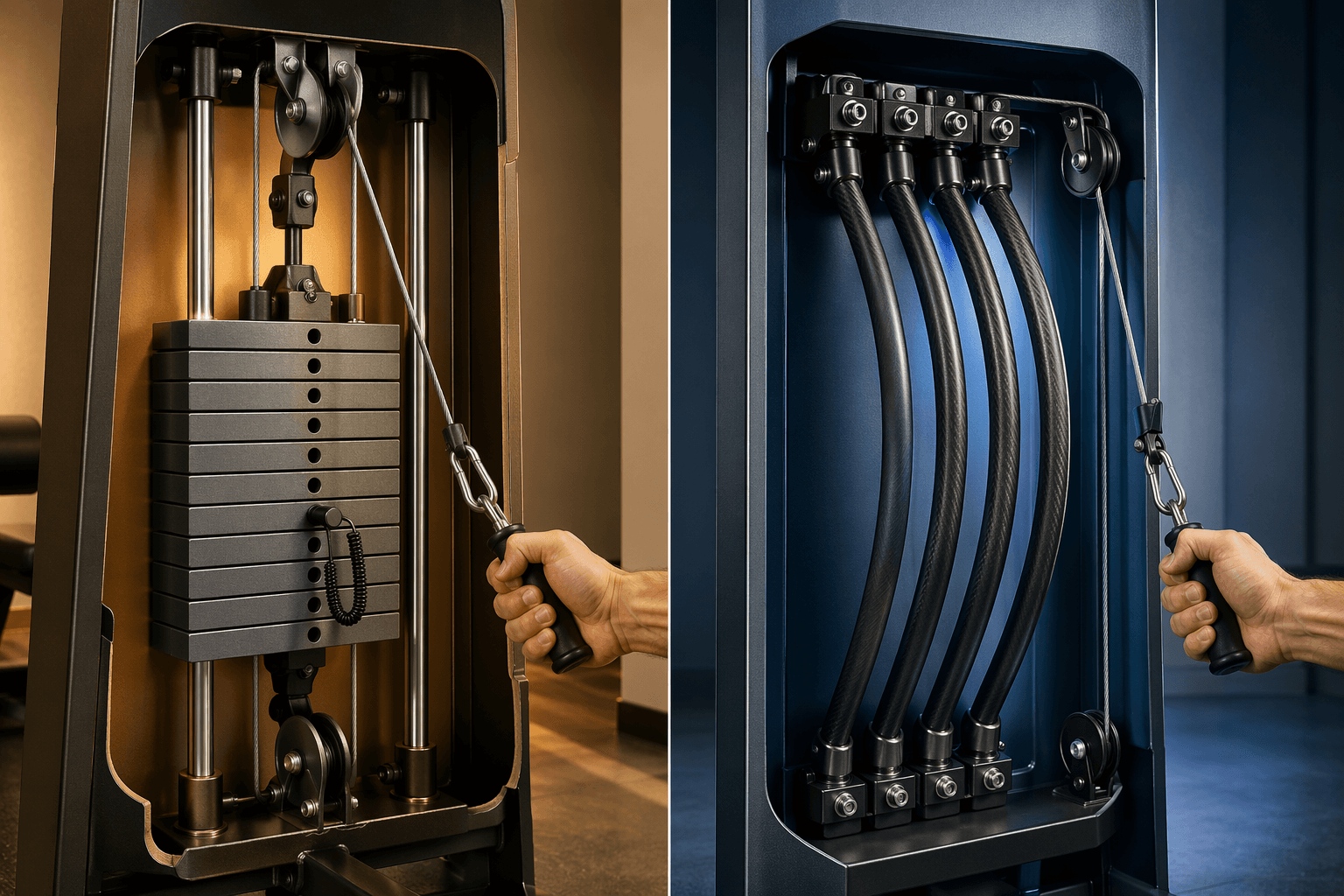 Cutaway comparison of a weight-stack resistance system and a bending rod-resistance cable system.