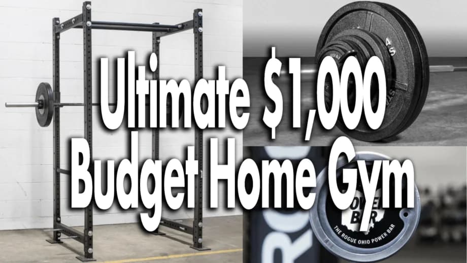 Budget home gym with power rack, barbell, plates, bench, dumbbells, and rubber mat flooring