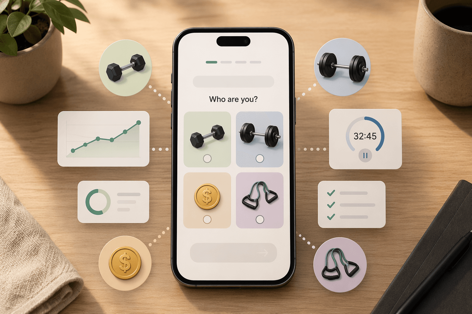 Smartphone with workout app fragments and icons for beginner, barbell, budget, and resistance band users