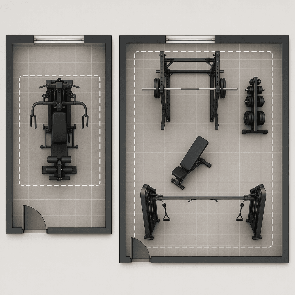 Top-down floor plan comparing a compact 40-square-foot all-in-one gym footprint with a larger 60-plus-square-foot separate equipment layout