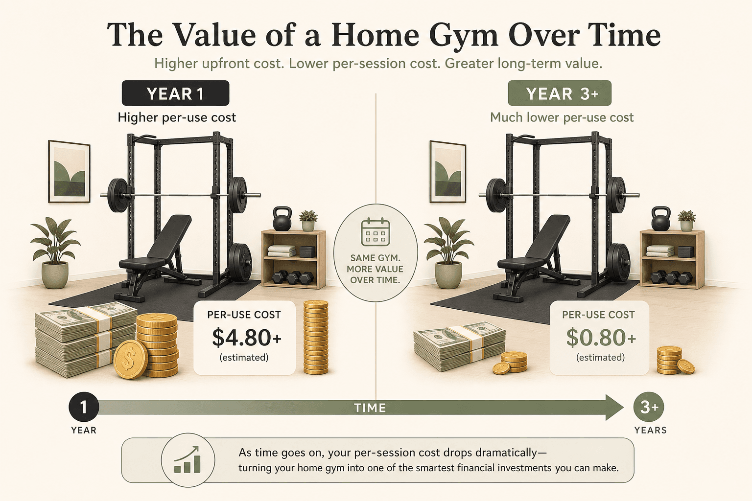 A split editorial illustration contrasting year 1 on the left with many stacked coins representing higher per-session cost against year 3+ on the right with far fewer coins, connected by a timeline arrow showing decreasing cost over time in warm neutral tones.