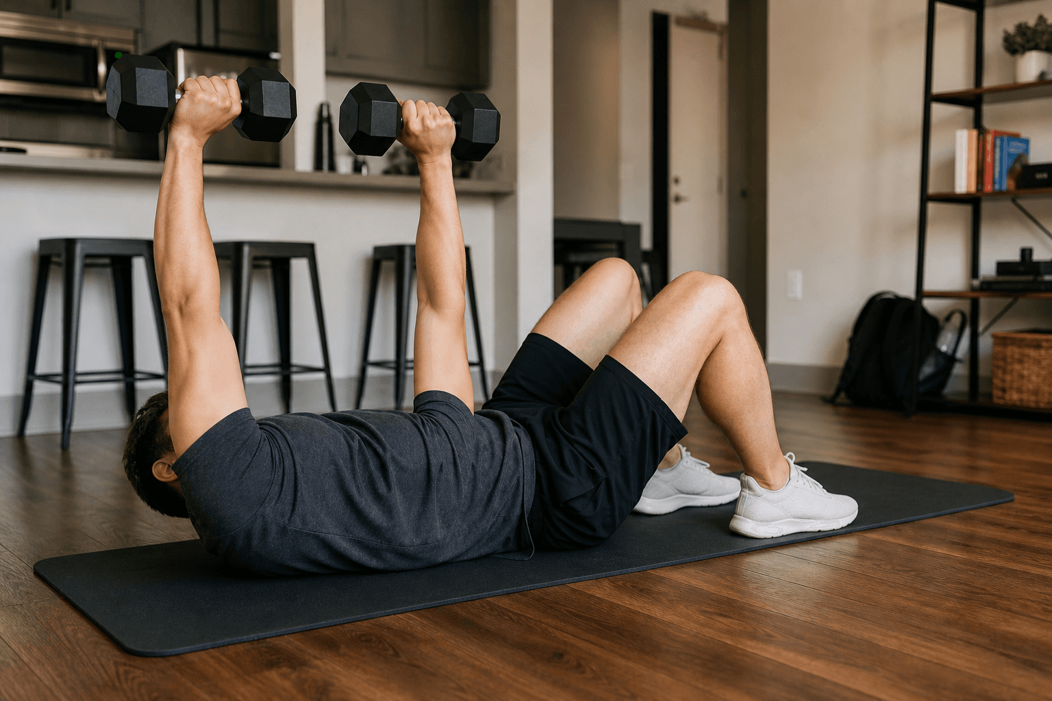 A person lying on a yoga mat on an apartment wood floor performing a dumbbell floor press, holding two dumbbells pressed upward above the chest.