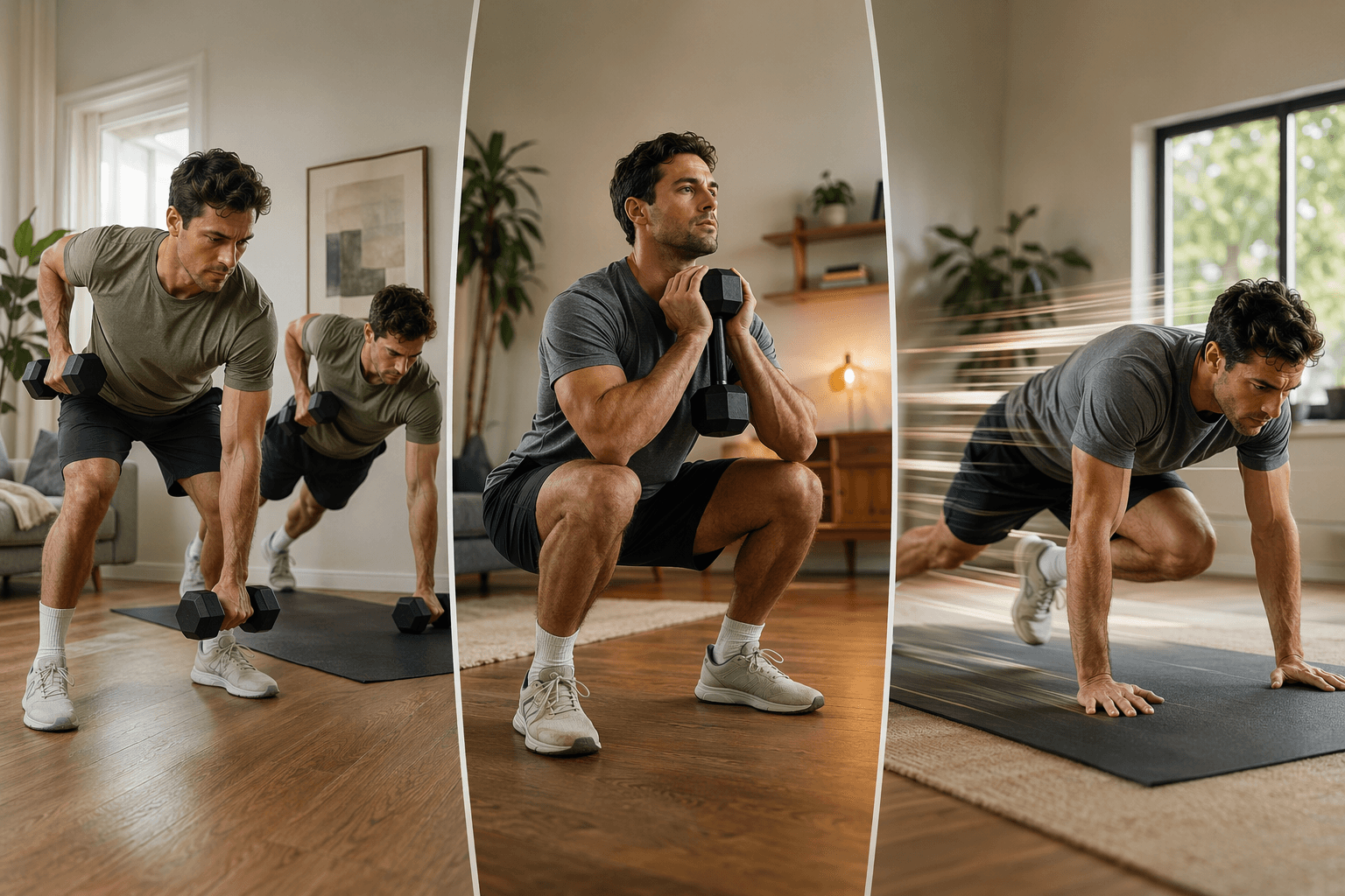 Editorial illustration with three side-by-side transition paths in home settings: left panel shows a person doing Romanian deadlifts and renegade rows with light dumbbells, center panel shows a person performing a weighted squat holding a dumbbell at chest level, right panel shows a person doing fast mountain climbers with motion lines indicating higher intensity.