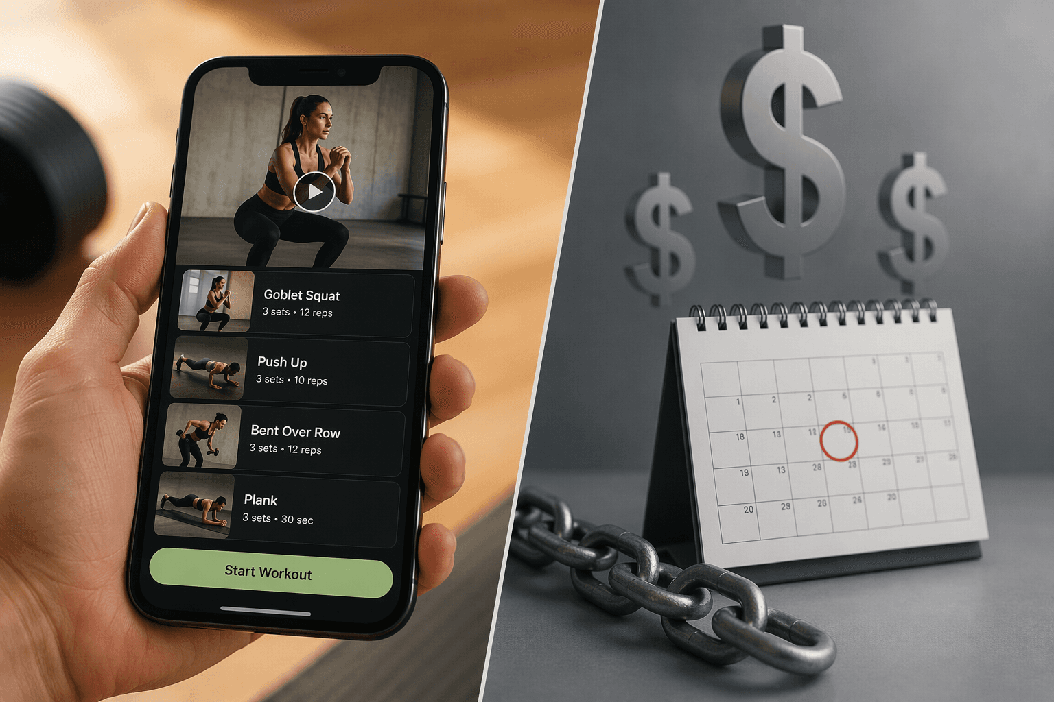 Smartphone workout app contrasted with annual subscription costs and payment reminders