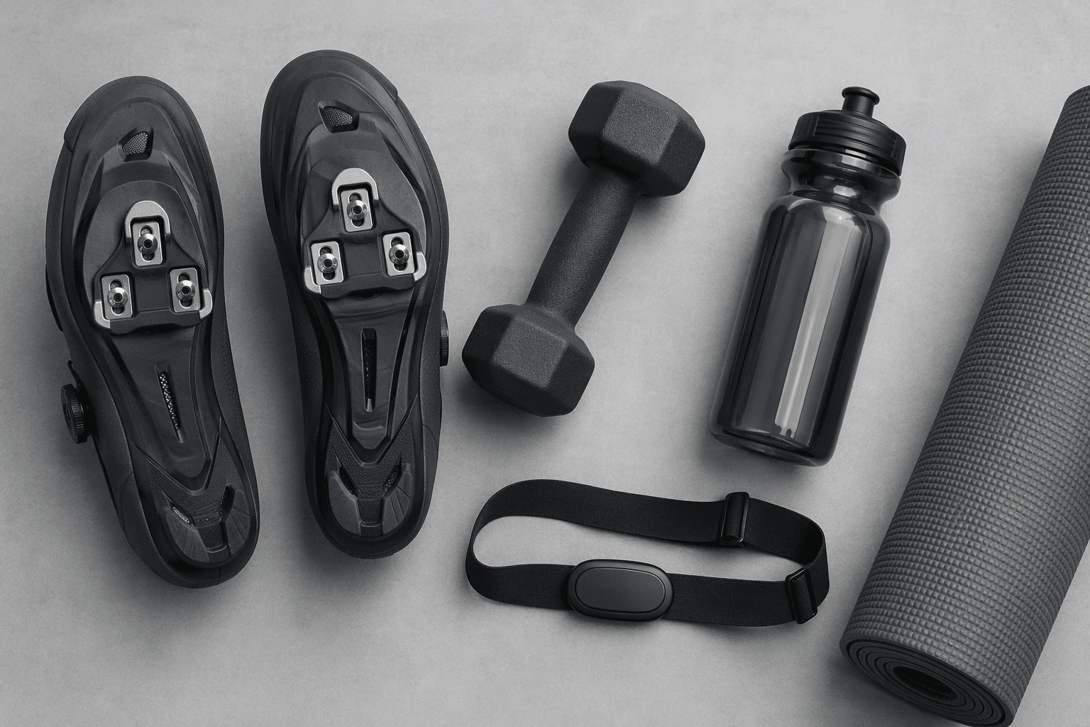 A flat-lay composition on a light gray surface showing cycling shoes with visible cleats, a small dumbbell weight, a heart rate monitor strap, a water bottle, and a rolled fitness mat.