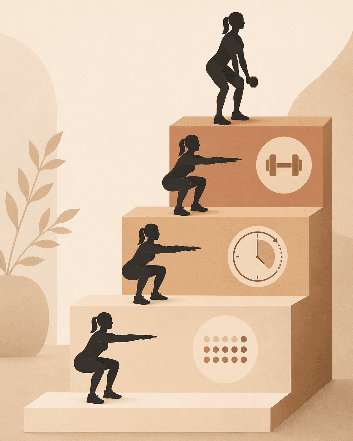 Minimalist four-step progression ladder from bodyweight form to more reps, slower tempo, and added dumbbells