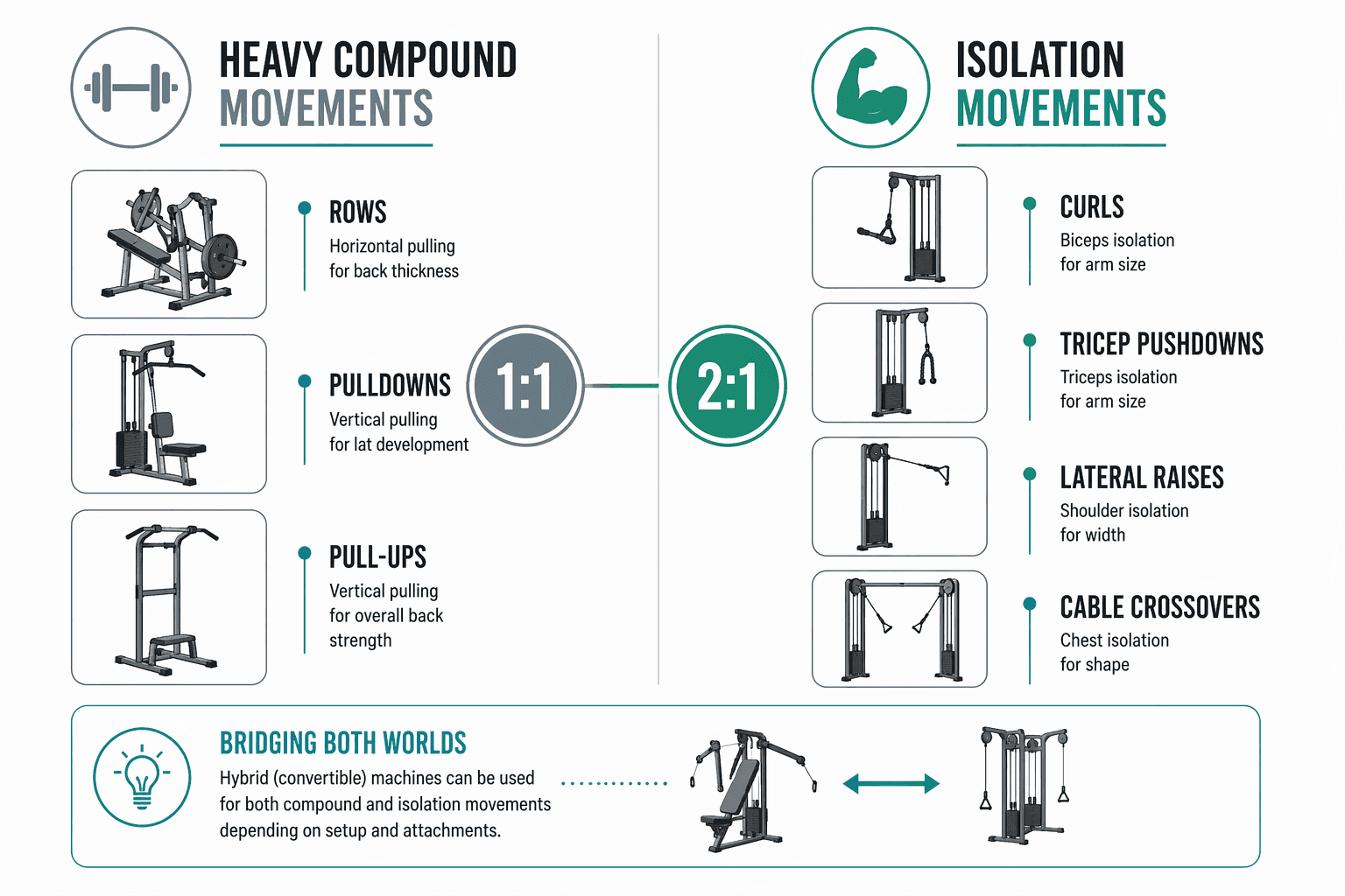 Two-column editorial layout dividing exercises by pulley ratio. Left column shows heavy compound movements (rows, pulldowns) paired with a 1:1 badge. Right column shows isolation movements (curls, tricep pushdowns, lateral raises, cable crossovers) paired with a 2:1 badge. A hybrid section bridges both columns.