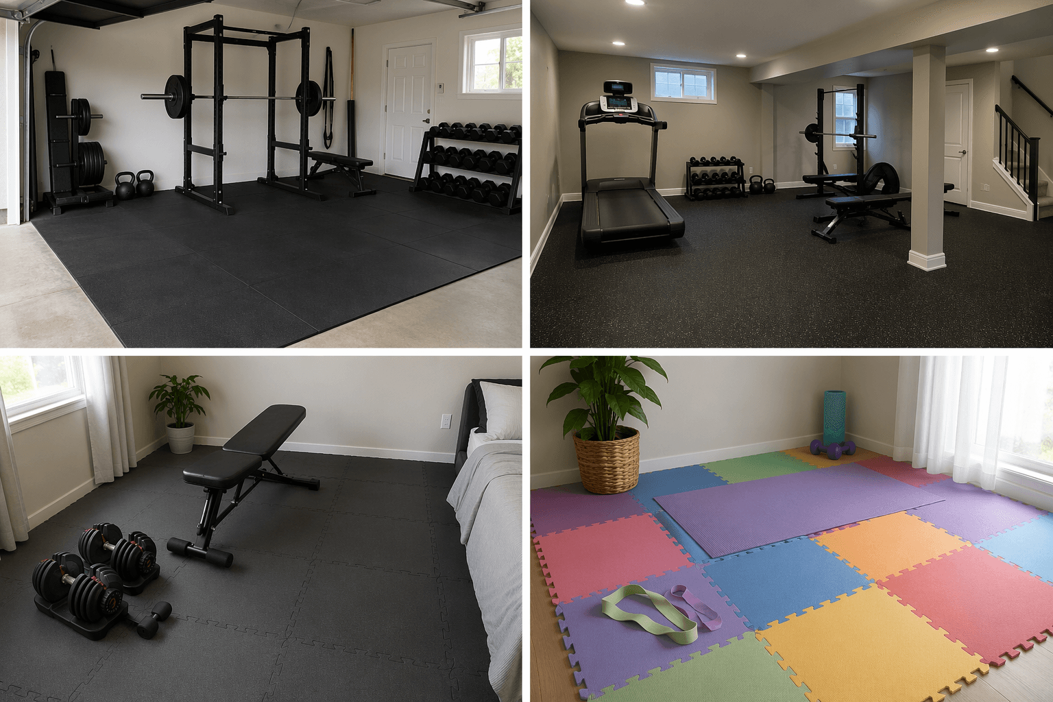 Four home gym flooring formats shown in context: stall mats in a garage, rubber rolls in a basement, interlocking rubber tiles in an apartment, and foam tiles in a stretching corner