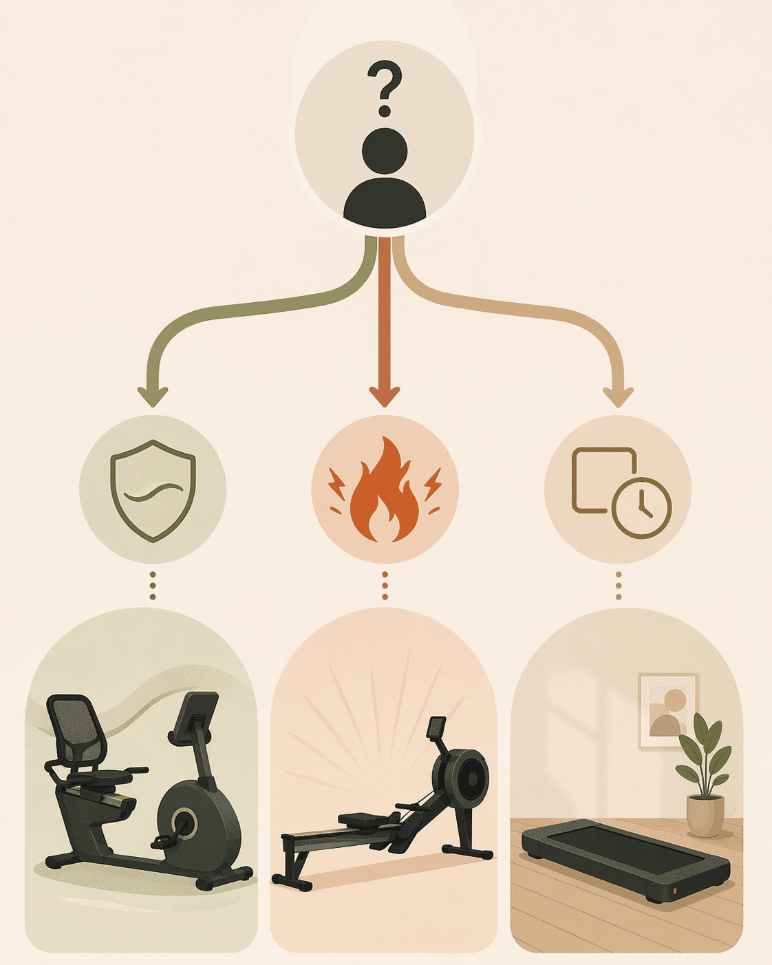 Decision path leading toward a recumbent bike, rowing machine, or walking pad depending on the buyer’s main constraint