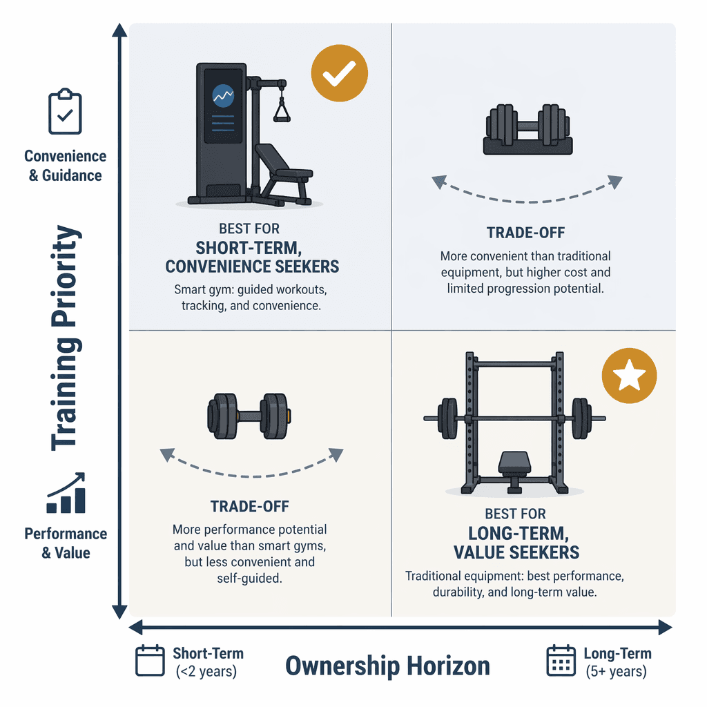 A 2x2 decision matrix grid with 'Ownership Horizon' on the horizontal axis (Short-Term vs. Long-Term) and 'Training Priority' on the vertical axis (Convenience & Guidance vs. Performance & Value), showing a smart gym icon with checkmark in top-left quadrant and a barbell icon with star in bottom-right quadrant.