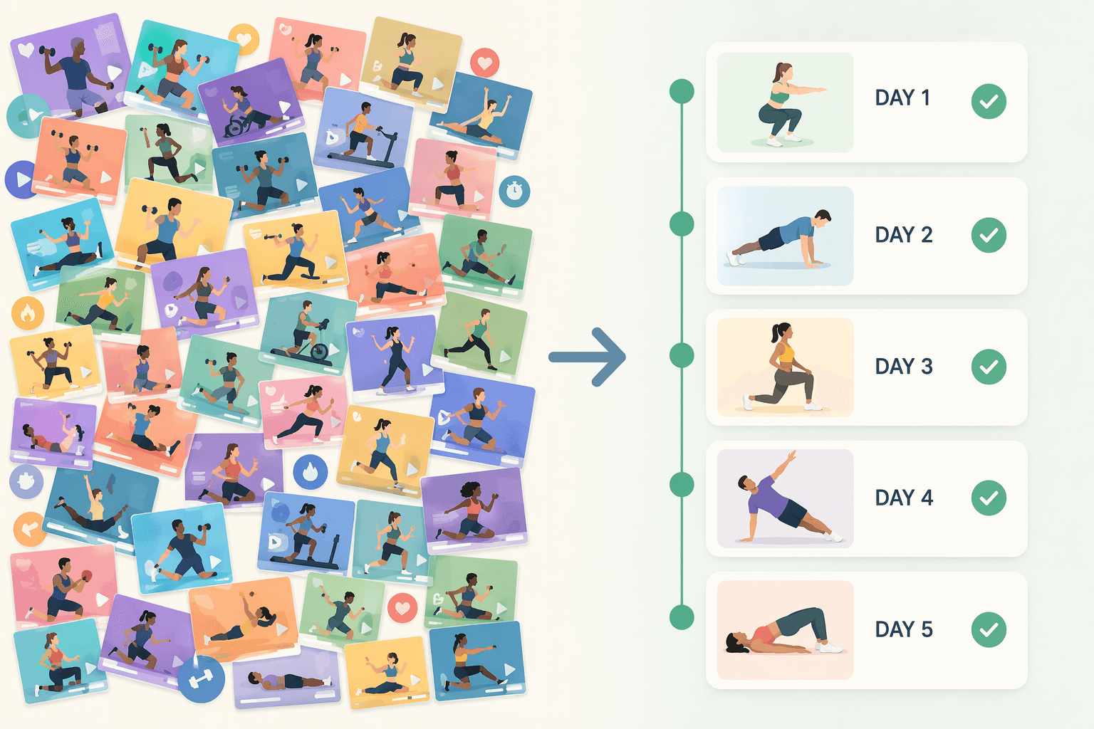 A chaotic workout class library contrasted with a simple day by day training plan
