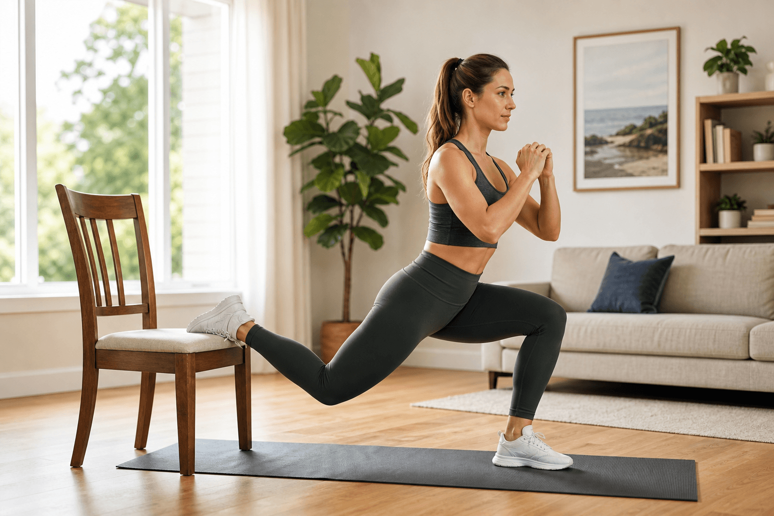 A person performs a Bulgarian split squat in a home living room using a wooden chair as support, with one foot resting on the chair behind them and the front leg in a lunge position.