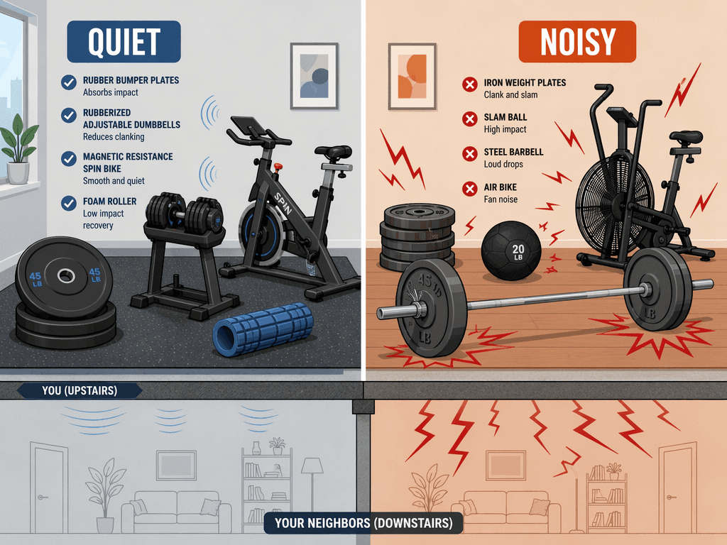Split-screen editorial illustration comparing quiet home gym equipment on the left (rubber bumper plates, rubberized dumbbells, magnetic resistance bike) against noisy equipment on the right (iron plates, slam ball, air bike) with a subtle apartment floor outline suggesting upstairs neighbors.