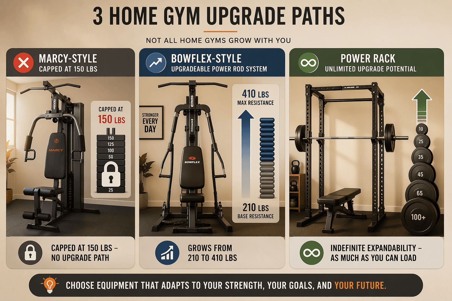 Three upgrade path scenarios shown side by side: a Marcy-style home gym with a red lock icon over the 150lb weight stack indicating no upgrade capability, a Bowflex-style gym with an upward arrow from 210 to 410 pounds showing upgradeable resistance, and a power rack setup with plates of increasing sizes stacked to indicate unlimited expandability