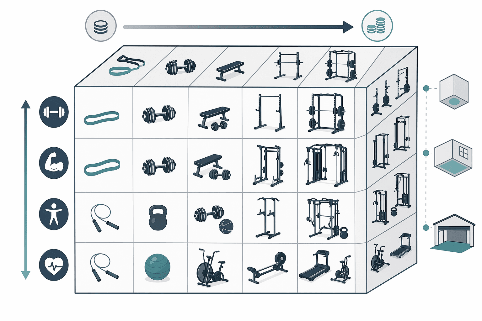 A clean editorial decision matrix visual with a three-axis structure representing Budget, Space, and Training Goal, showing intersecting zones with small clean icon pictograms for recommended equipment categories at each intersection, using slate blue, warm gray, and teal accents on a white background.