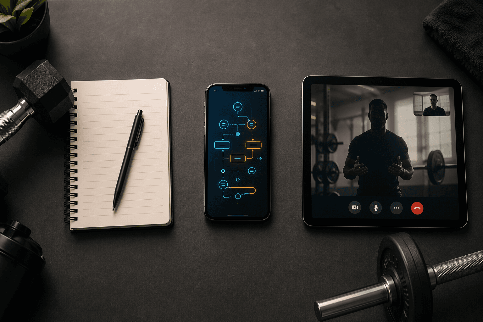 Paper notebook, AI-style phone screen, and human coaching tablet arranged side by side on a dark desk