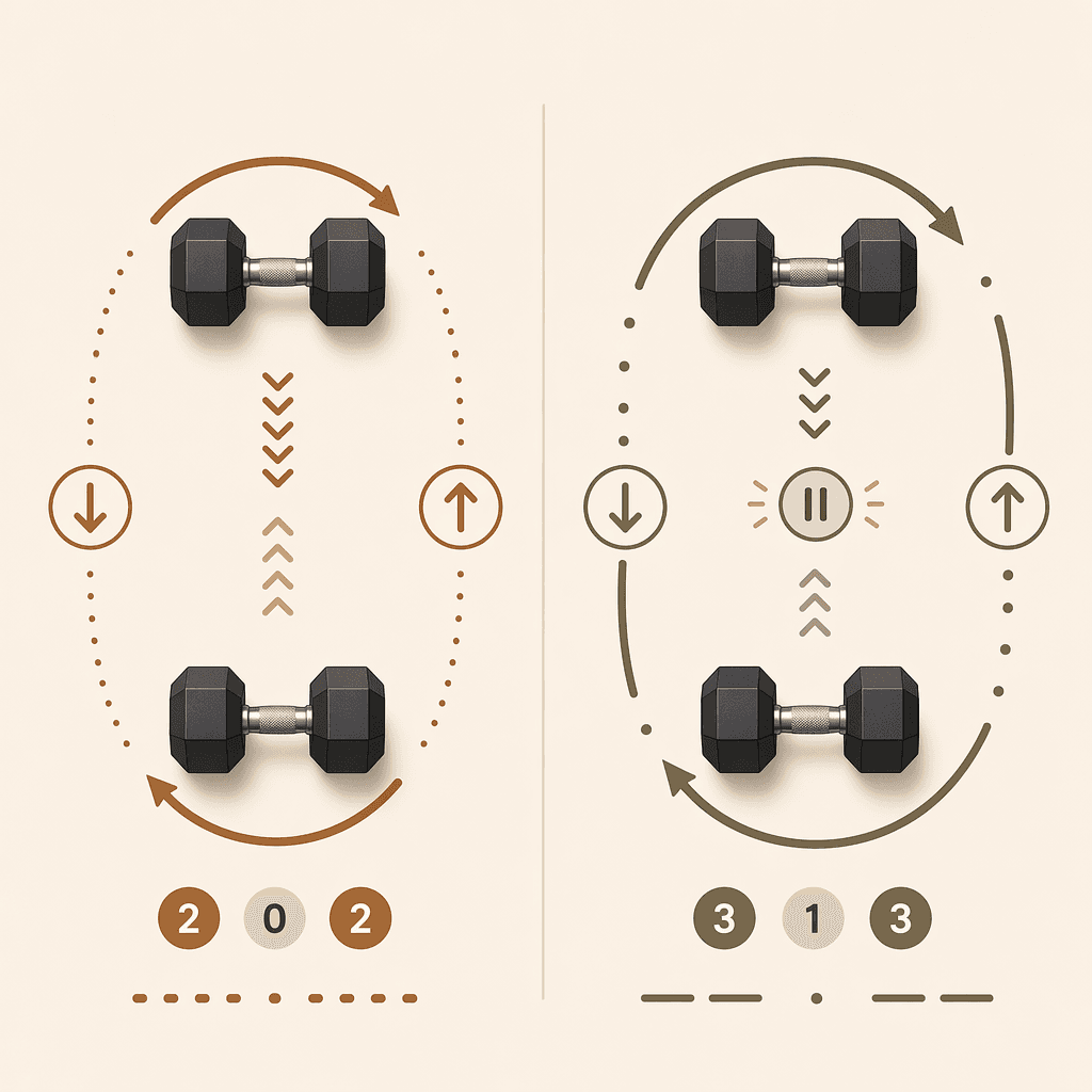 Two dumbbell icons side by side with circular motion arrows around them — the left icon shows a fast rhythmic pace and the right icon shows a slower pace with a pause indicator, comparing 2-0-2 and 3-1-3 tempo patterns.