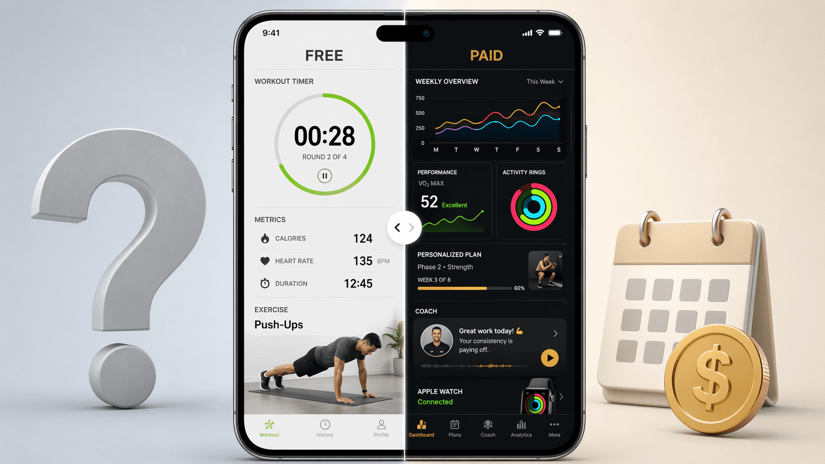 An iPhone split between a free fitness app screen and a paid app screen with analytics and Apple Watch integration