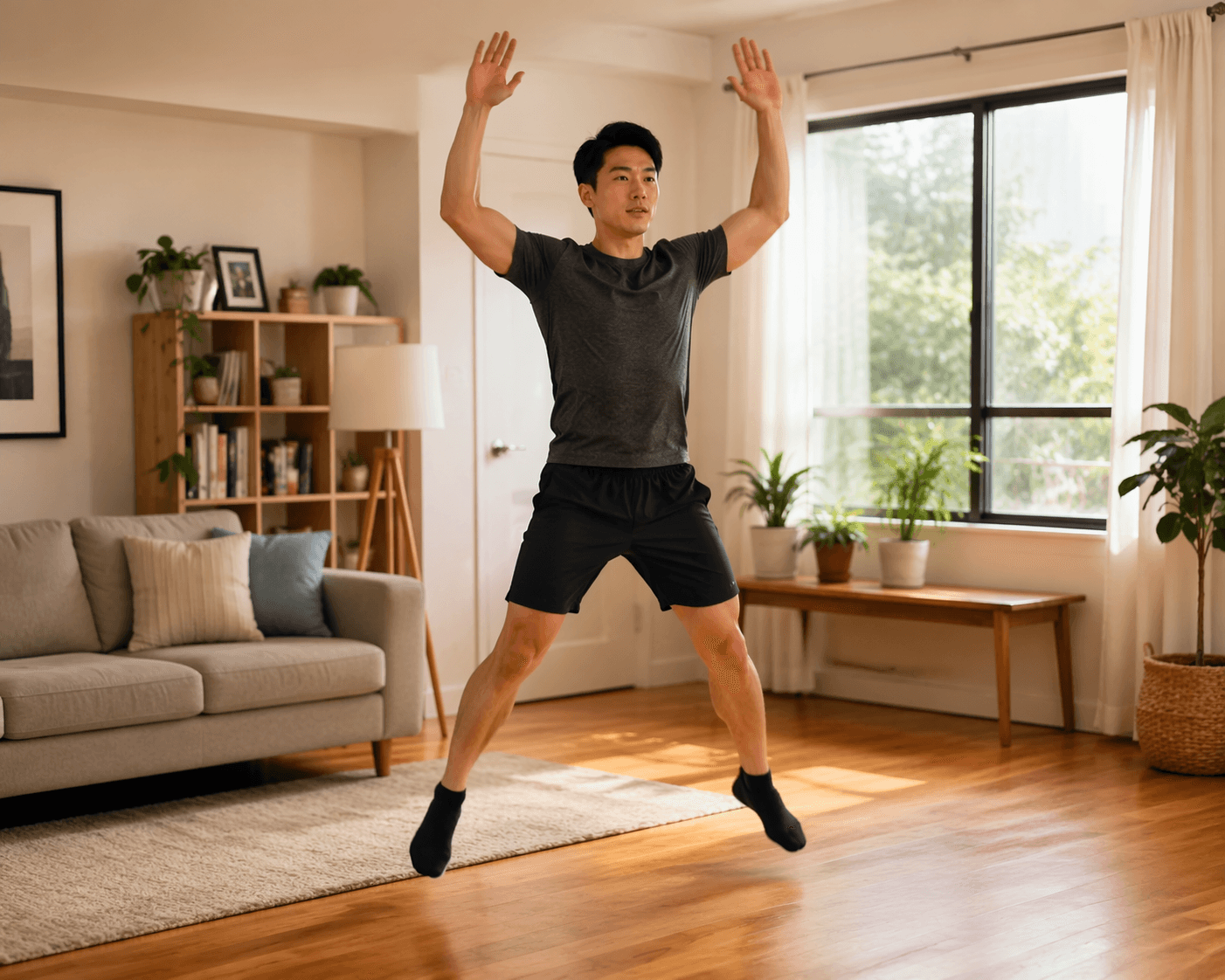 Person doing a jumping jack in a bright living room with no exercise equipment