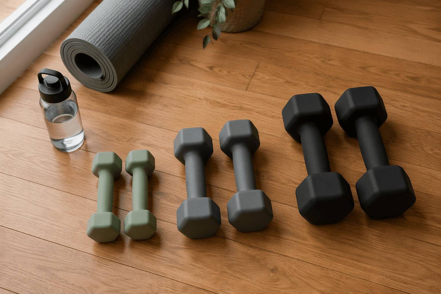 Dumbbells arranged from light to heavy beside a mat and water bottle