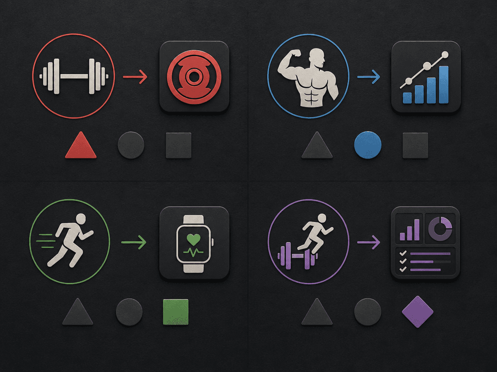 A decision guide graphic with four workout goal icons connected by arrows to recommended app tiers.
