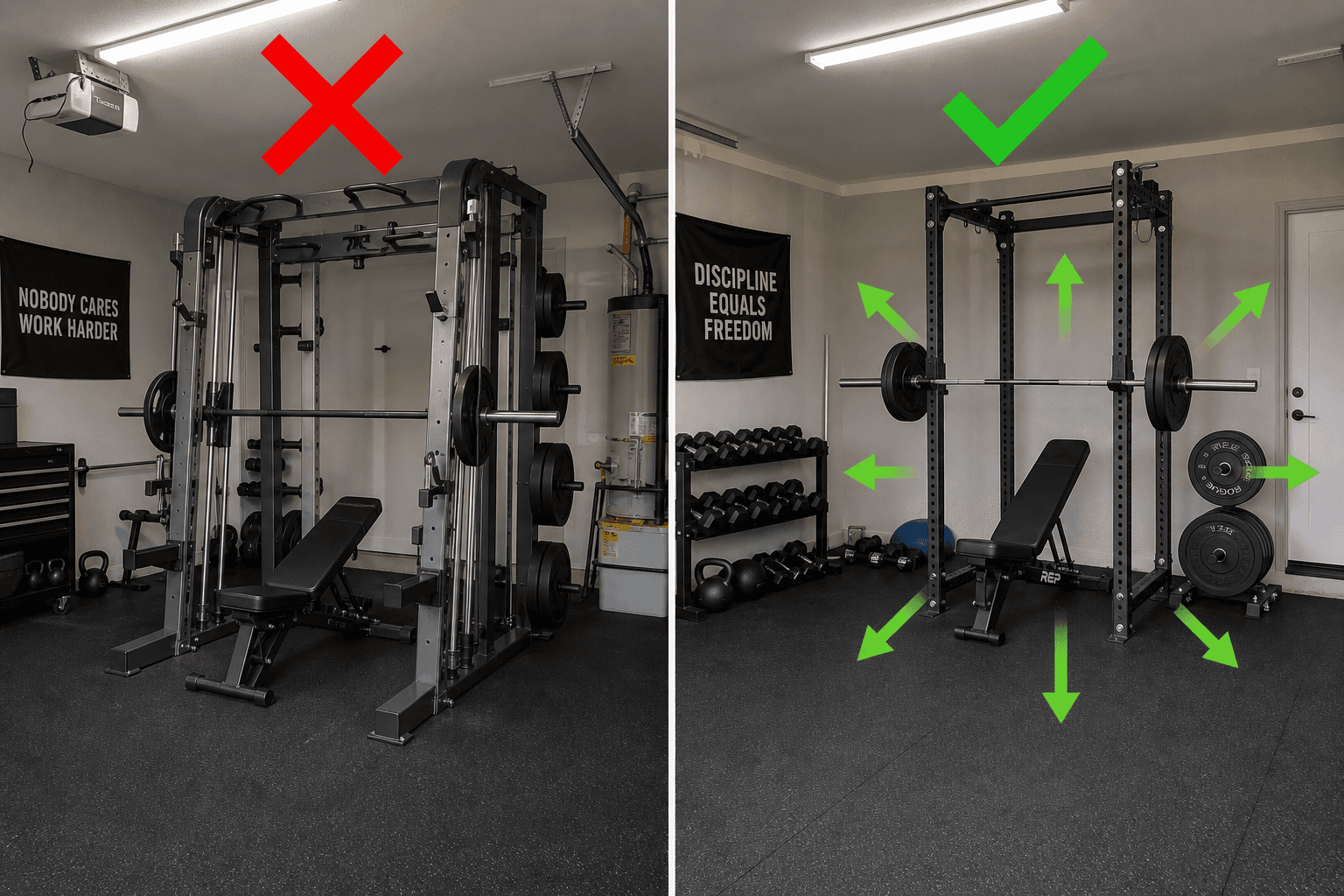 A split comparison showing a bulky Smith machine on the left with a red X overlay and a compact power rack with barbell and plates on the right with a green checkmark and exercise-direction arrows, set in a realistic garage.