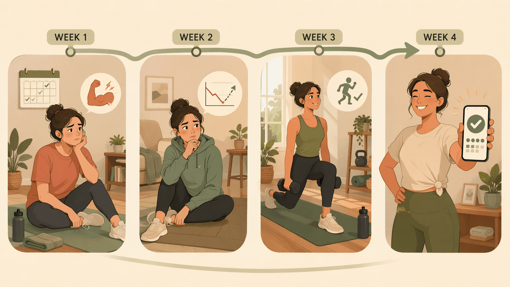A four-panel beginner fitness roadmap showing hesitation, a motivation dip, a confident mid-workout moment, and a streak completion.