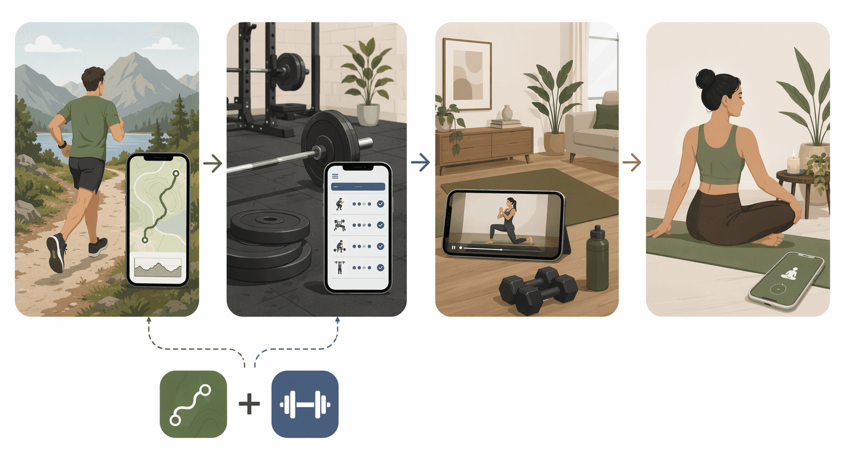 Four workout app categories shown as running, strength logging, home workout video, and yoga zones with a pairing symbol
