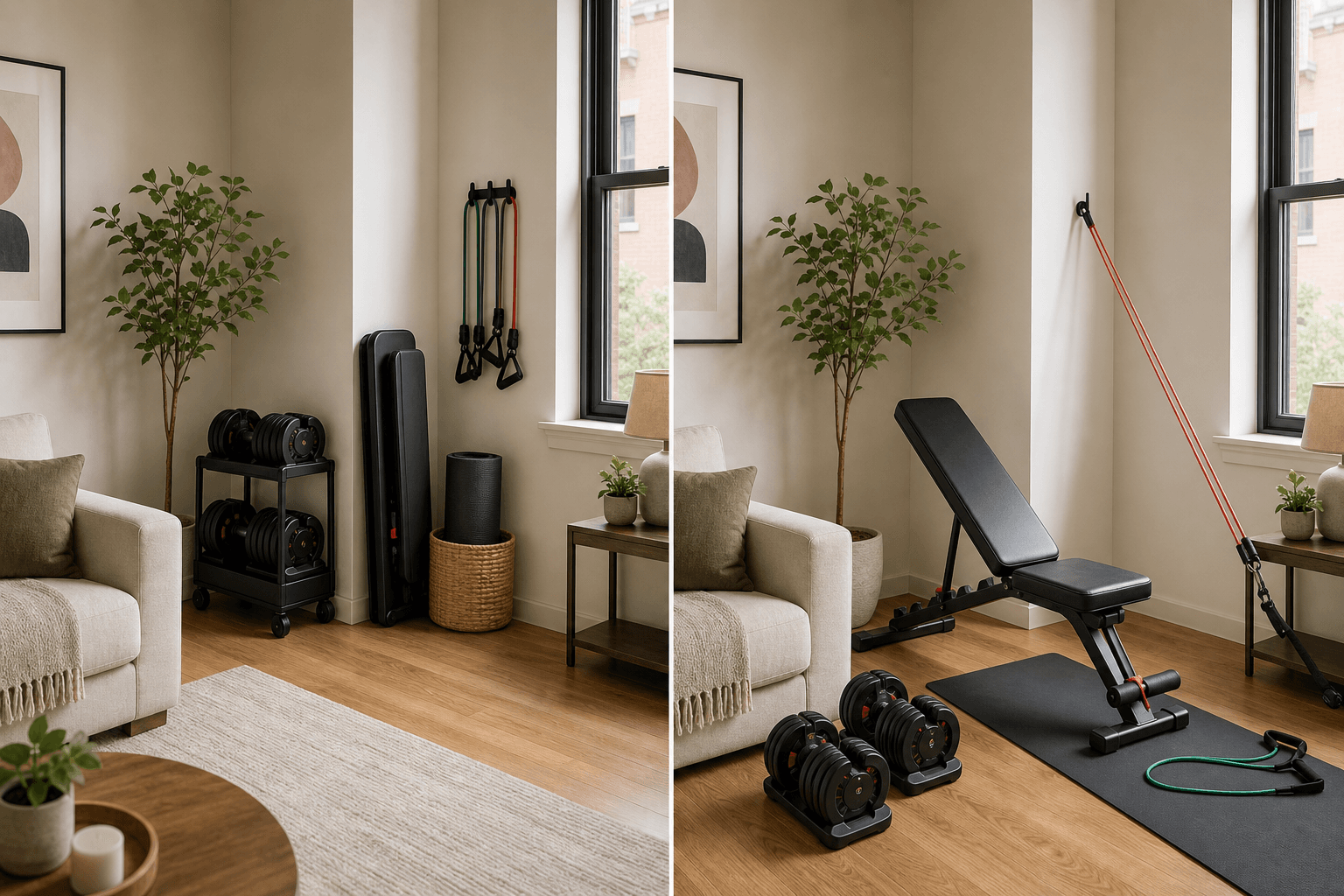 A split illustration of the same apartment corner in two states: on the left, equipment stowed away making the space look like a normal living room corner; on the right, the same corner shown in active use with bench unfolded, dumbbells on the floor, bands stretched out.