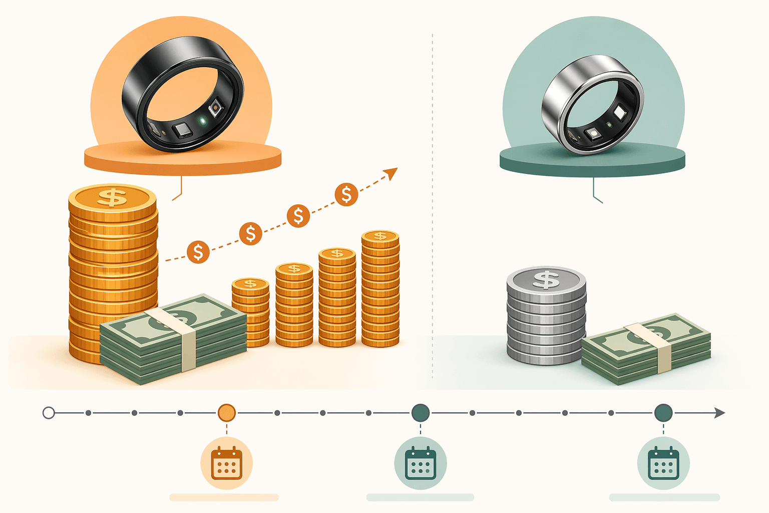 Two coin stacks comparing long-term subscription cost against a lower no-subscription smart ring cost