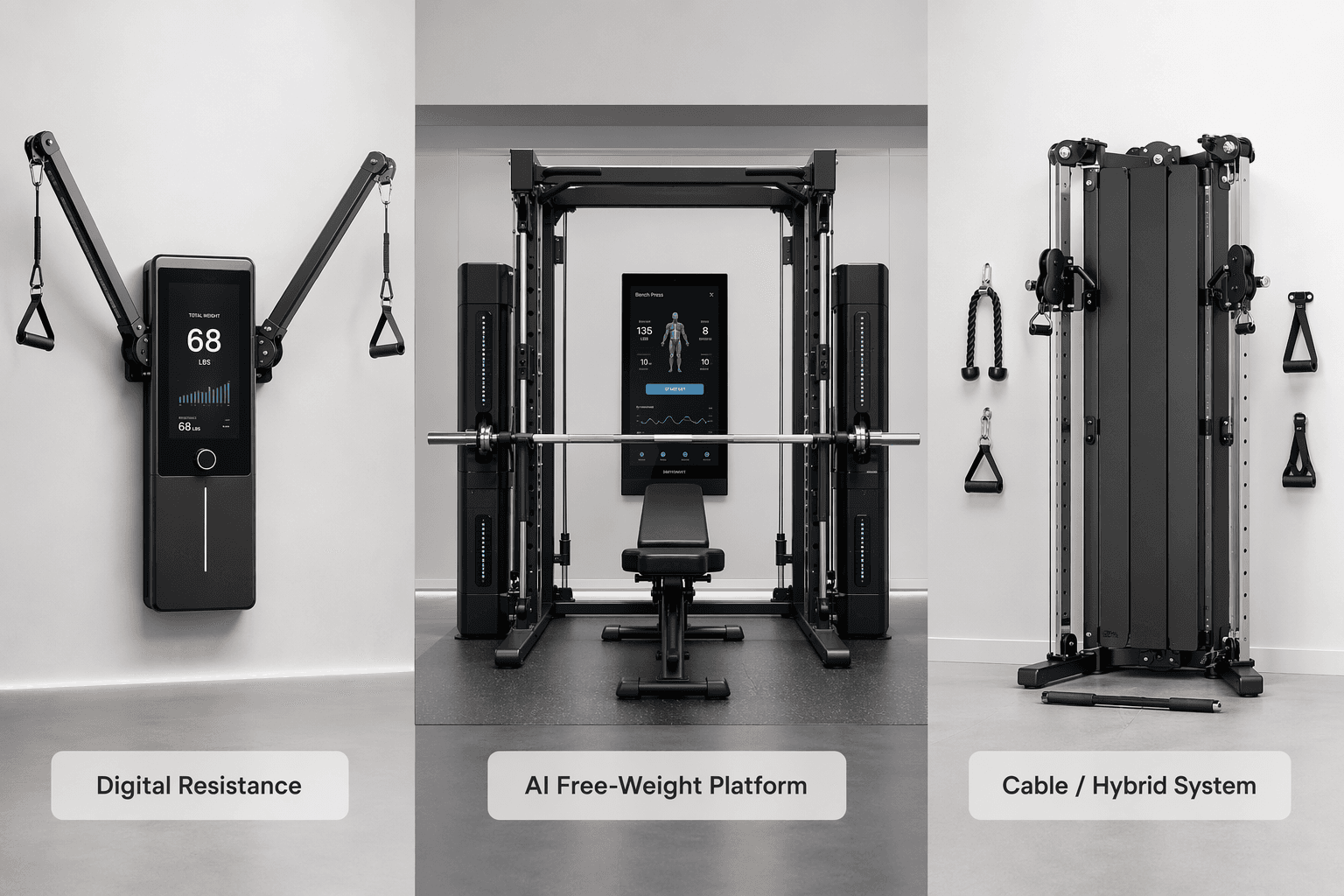 Three-panel infographic showing a wall-mounted digital resistance unit, an AI free-weight platform, and a compact cable hybrid system on a soft gradient background with category labels.