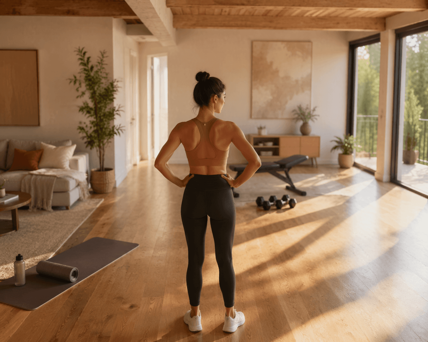 Woman standing in a bright living room surrounded by workout zones for yoga, dumbbells, and open-space training