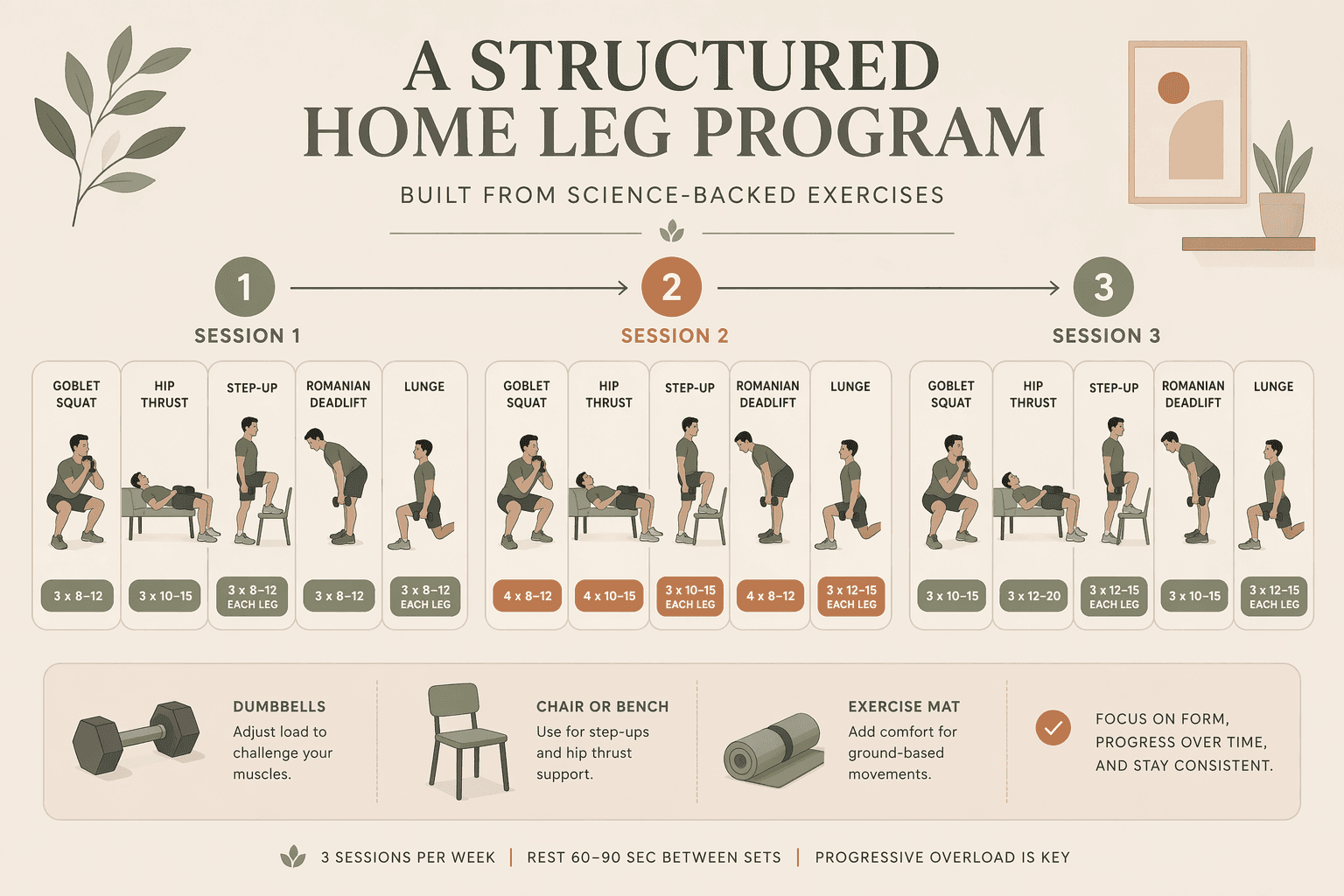 An editorial illustration showing three workout session icons arranged horizontally, each containing miniature exercise figures (goblet squat, hip thrust, step-up, RDL, lunge) with dots indicating sets and reps. Dumbbell, chair, and mat icons sit at the bottom.