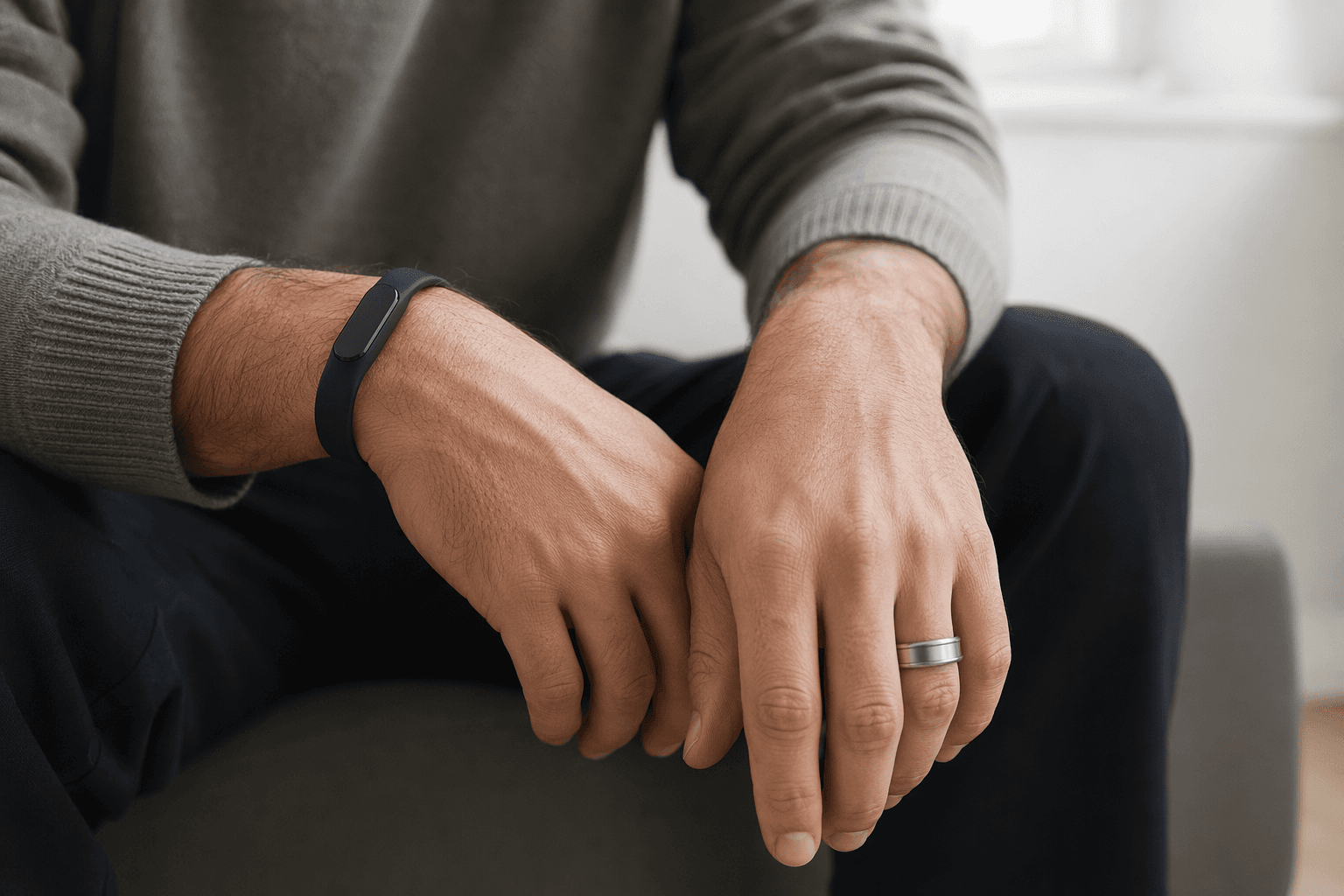 Fitbit Air wrist band and Oura Ring 4 worn side by side to show the difference between band and ring form factors