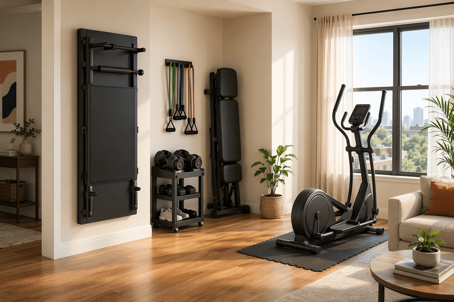 A bright apartment living room with an editorial illustration showing three compact home gym setups in the same space: a shallow foldable wall-mounted rack, a modular stowable setup with adjustable dumbbells and upright bench, and a compact magnetic elliptical on a foam mat.