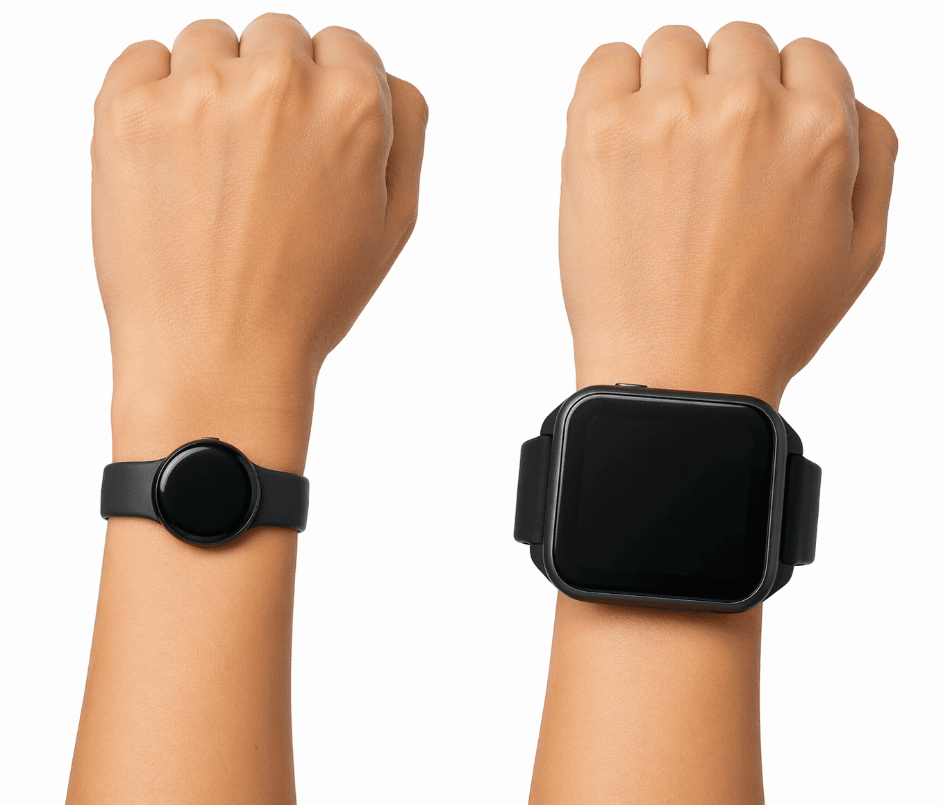 Small fitness tracker fitting proportionally on one wrist beside an oversized smartwatch extending past another wrist