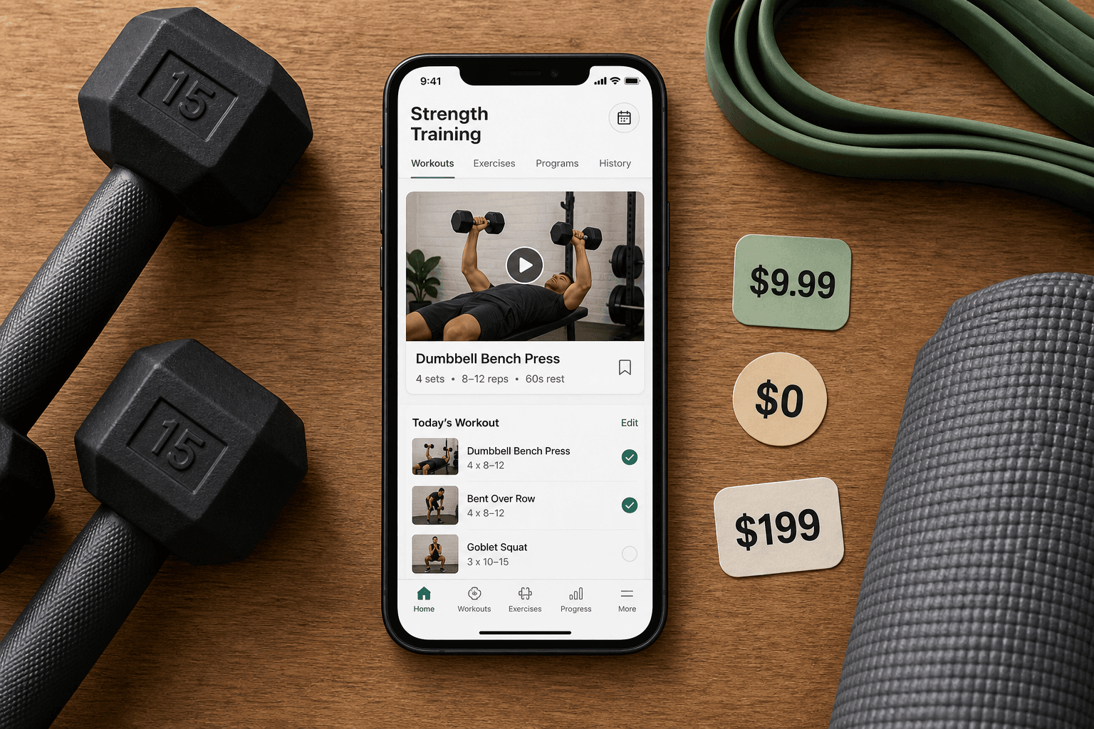 Flat-lay composition on a warm wooden surface with a smartphone centered showing a workout app interface, surrounded by a pair of dumbbells, a coiled resistance band, and a yoga mat, with small price tags reading $9.99, $0, and $199 placed beside the equipment