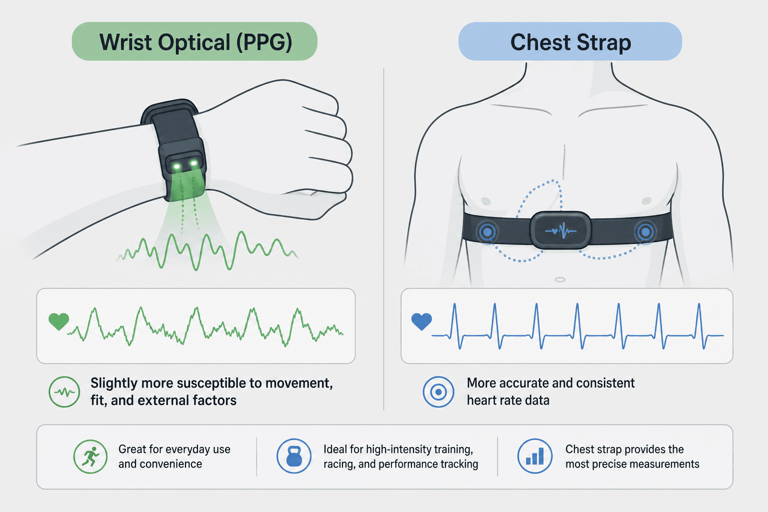 Split-panel diagram comparing wrist optical PPG heart rate sensing (showing a noisy signal line) with chest strap sensing (showing a clean, steady signal line).