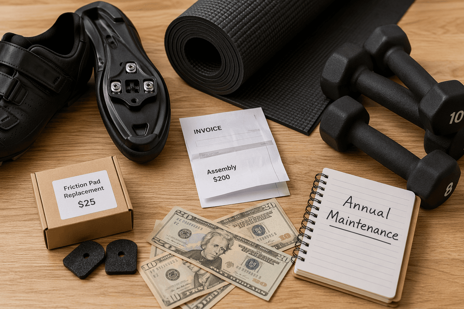 Flat-lay photograph on a light wood table showing unboxed hidden exercise bike costs: a pair of cycling shoes with cleats, a rolled exercise mat, small hand weights, a folded paper labeled 'Assembly $200', a small box labeled 'Friction Pad Replacement $25' containing two black pads, and a notebook reading 'Annual Maintenance' with scattered dollar bills among the items in warm natural lighting.