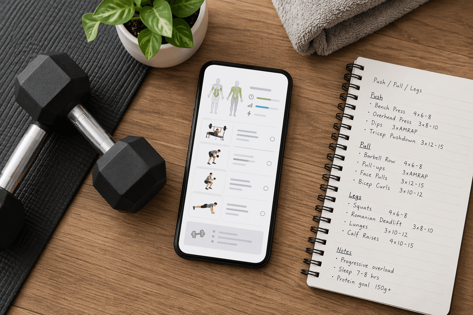 Smartphone with a workout app beside dumbbells and training notes on a home gym floor
