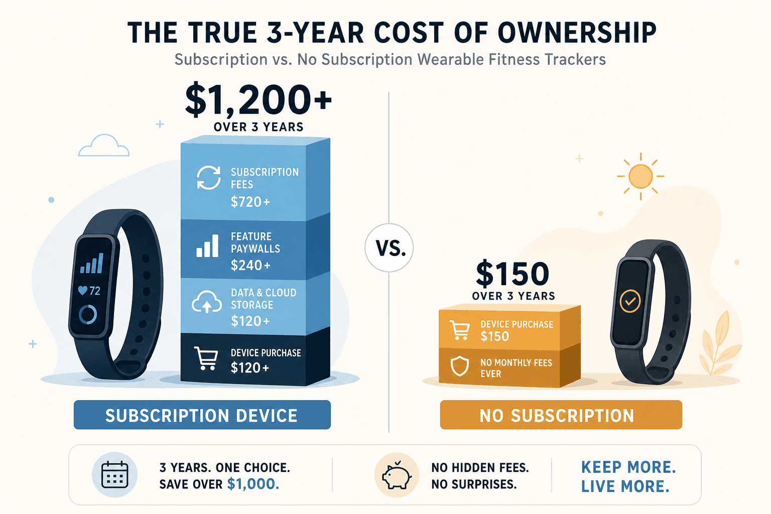 Bar chart comparing 3-year total cost of ownership between a subscription device at over $1,200 and a no-subscription device at $150, with amber and blue accents on a neutral background.