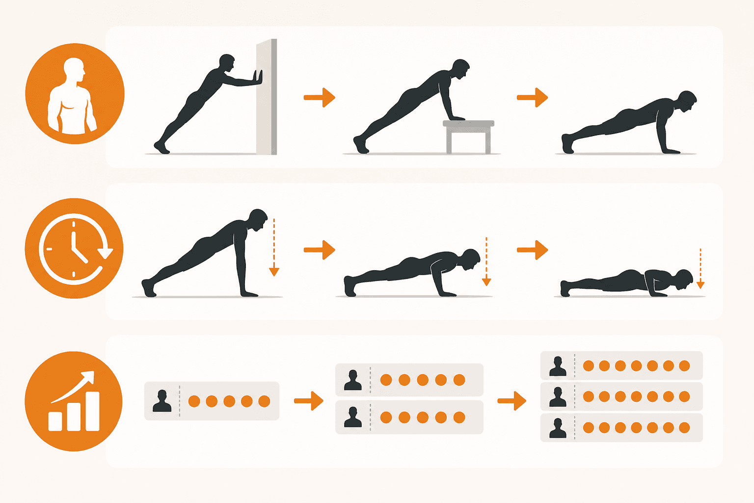 A flat-design diagram showing three rows representing the three progressive overload levers: harder exercise variations, tempo manipulation, and volume increases.