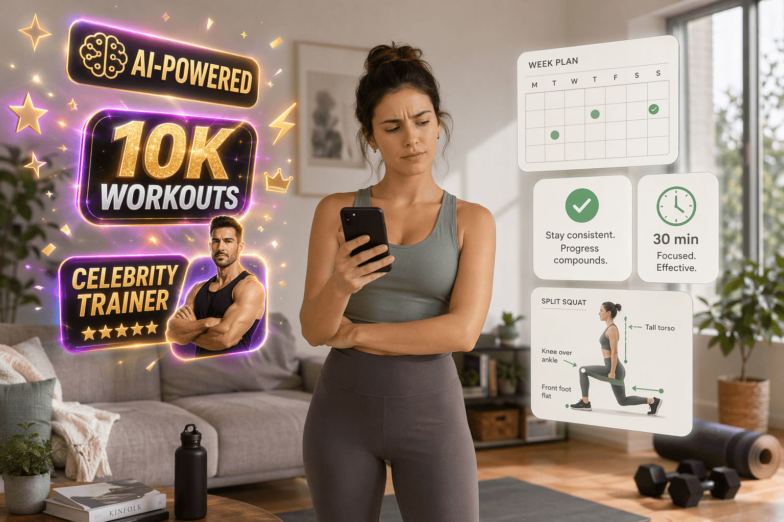 Beginner comparing flashy workout app marketing claims with practical beginner-friendly features