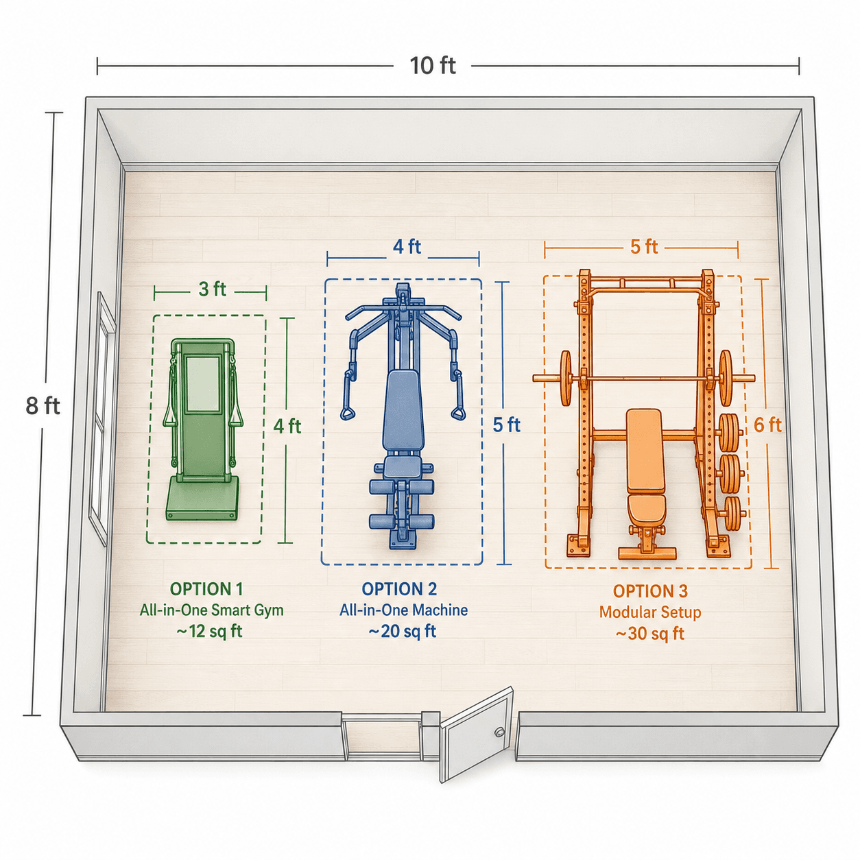 Isometric top-down floor plan of an 8x10 ft room showing three scaled home gym equipment footprints: a small green smart gym silhouette at 3x4 ft labeled 'All-in-One Smart Gym ~12 sq ft', a mid-size blue all-in-one machine silhouette at 4x5 ft labeled 'All-in-One Machine ~20 sq ft', and a larger orange modular setup silhouette at 5x6 ft labeled 'Modular Setup ~30 sq ft', with measurement lines along edges