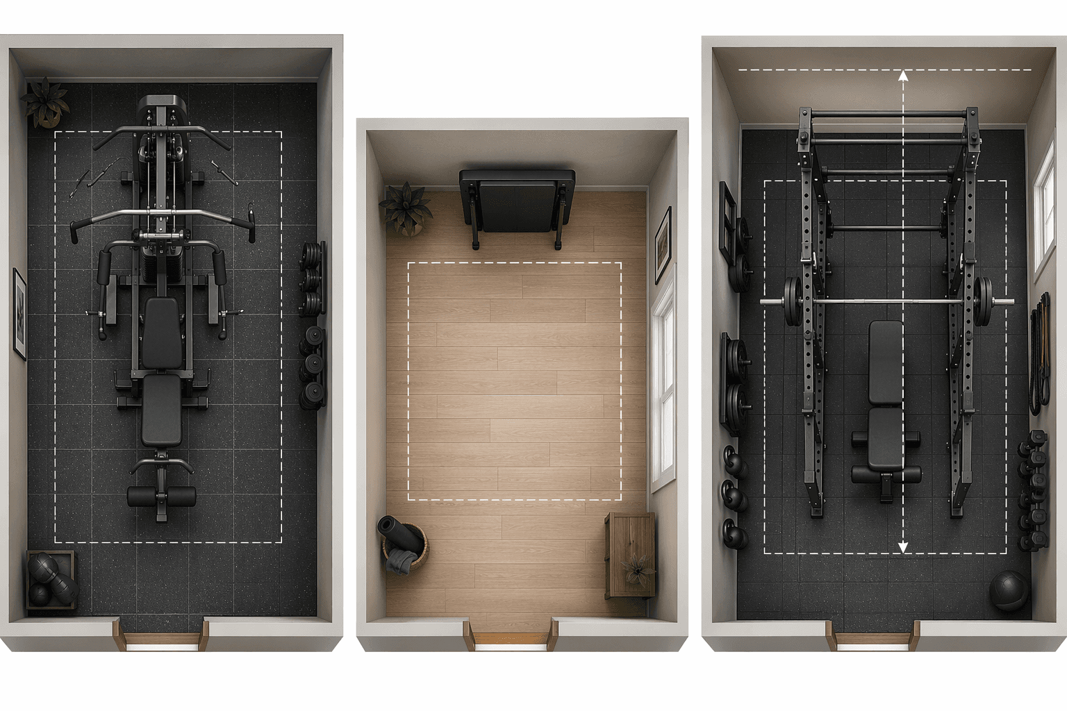 Floor plan comparison of weight-stack, smart wall-mounted, and modular rack home gym system footprints