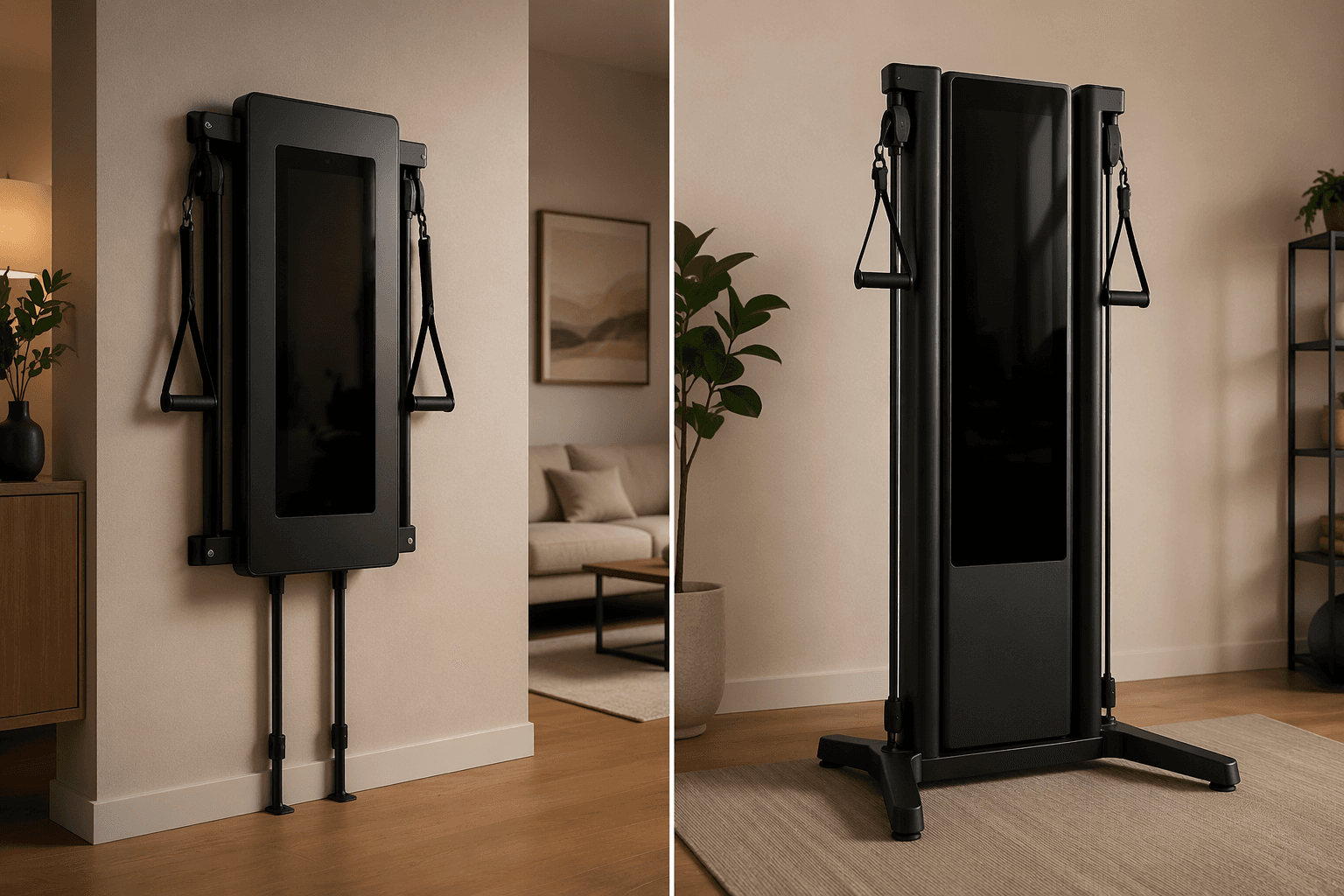 Comparison of a wall-mounted smart gym bolted to a wall and a freestanding smart gym with no wall attachment